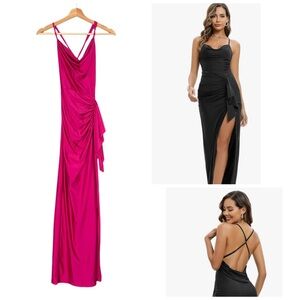 Capuffy Spaghetti Strap Backless Maxi Dress Split Ruffles Cowl Neck Sz 4 - 6 NWT